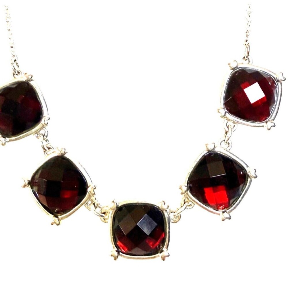 Vintage? Red Gemstone Silver Necklace With Square Faceted Stones